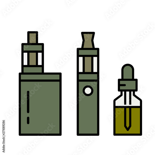 Vaping device and accessory. Electronic cigarette and bottles with vape liquid. e- liquid, e-juice. Mockup of Vape bottle with liquid. Isolated vector illustration on white background.