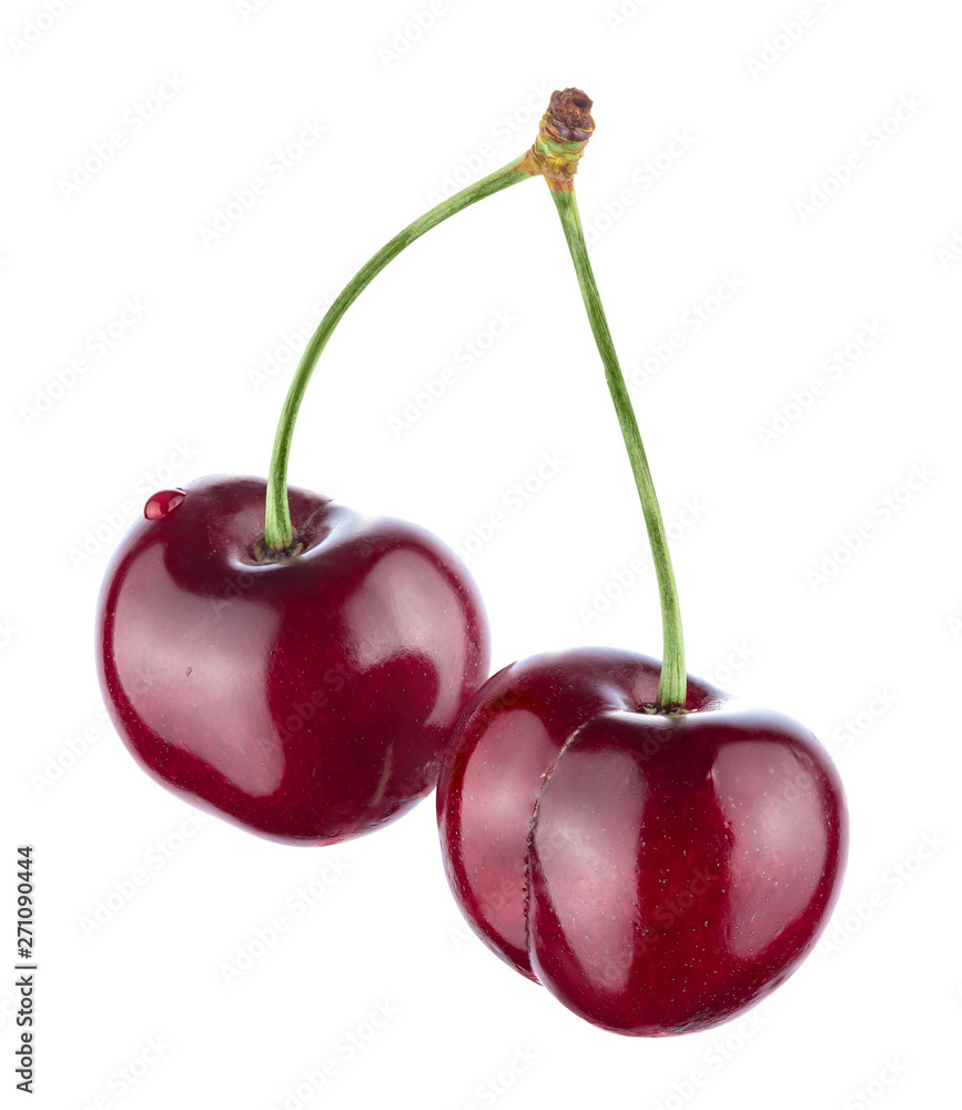 Two cherries isolated on white background. Full sharpness. Two cherries isolated on white background. Full sharpness.