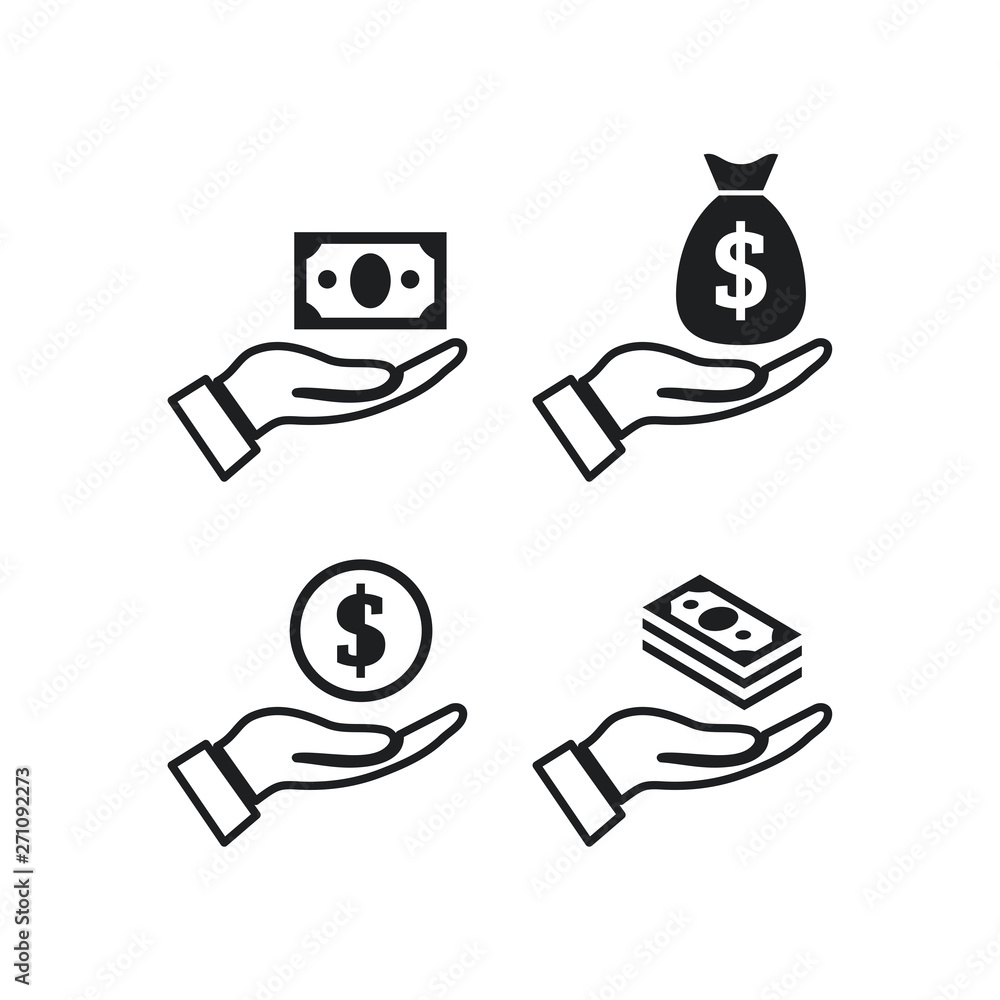 Pictograph of money on hand set icon vector. Dollar Sign Flat Design