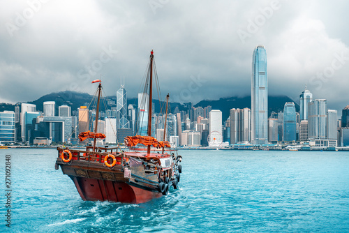 Photography Junk boat on Victoria Harbor in Hong Kong