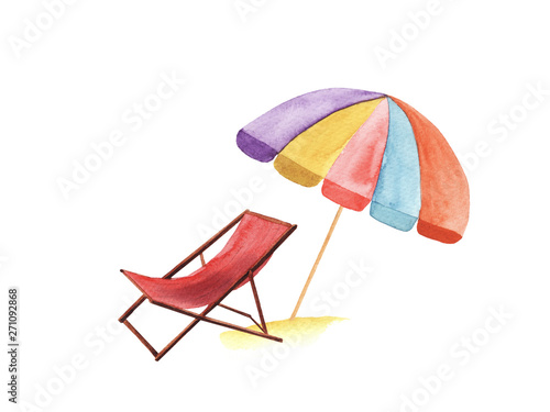 hand drawn watercolor lounge chair and umbrella isolated on white background