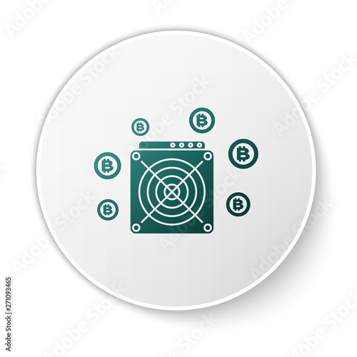 Green ASIC Miner icon isolated on white background. Cryptocurrency mining equipment and hardware. Application specific integrated circuit. White circle button. Vector Illustration