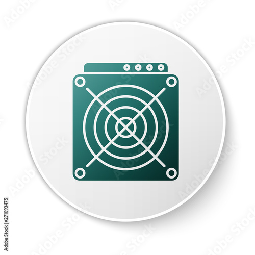 Green ASIC Miner icon isolated on white background. Cryptocurrency mining equipment and hardware. Application specific integrated circuit. White circle button. Vector Illustration