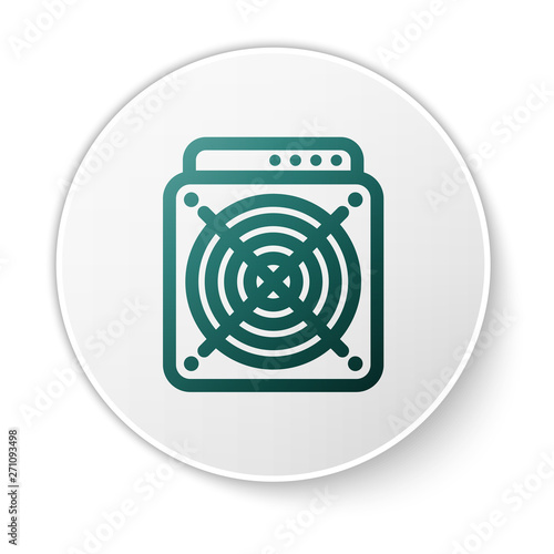 Green ASIC Miner icon isolated on white background. Cryptocurrency mining equipment and hardware. Application specific integrated circuit. White circle button. Vector Illustration