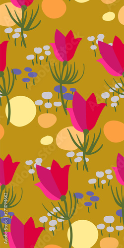 pink flower yellow meadow seamless pattern vector floral design primitive scandinavian