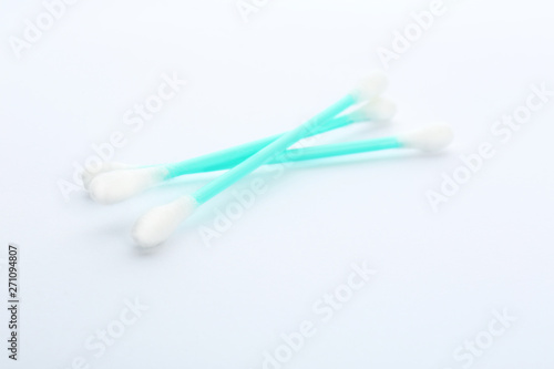 Plastic cotton swabs on white background. Hygienic accessory