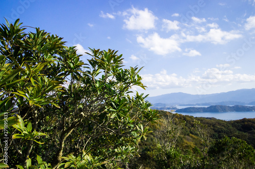 Landscape of Itoshima from mountain in Itoshima, Fukuoka, Japan. In image, there are small islands in the sea of Genkai.