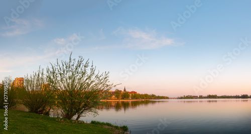 Spring panorama of Elk city from the shore of the lake. Masuria, Poland.