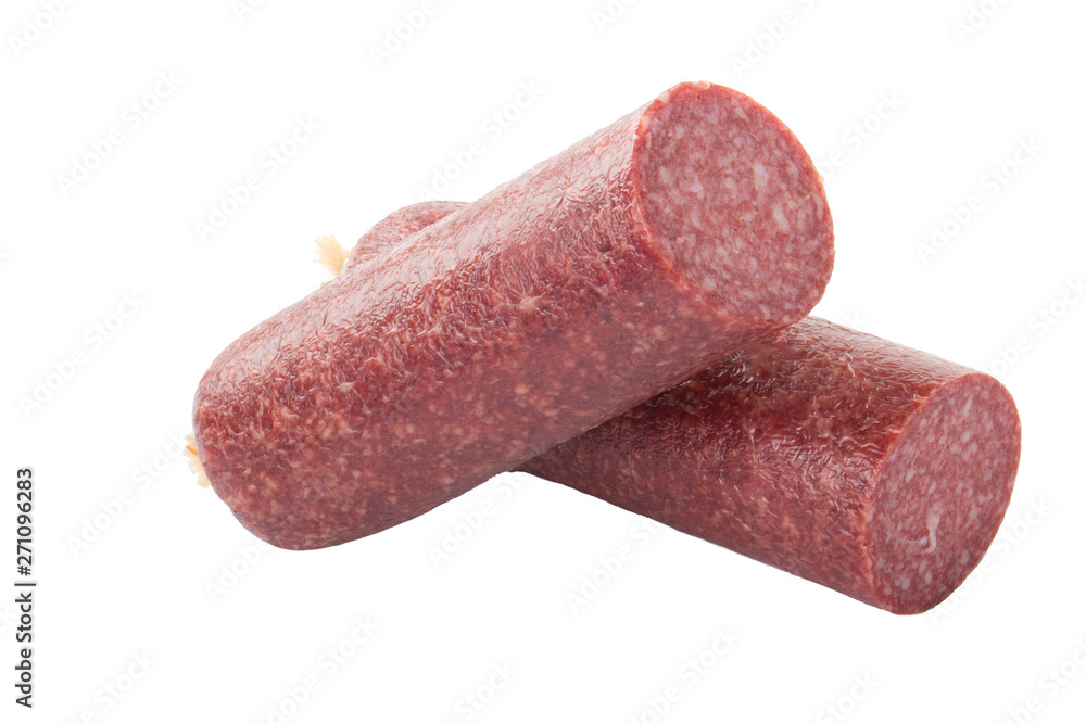 two halves of sausage isolated on white background two halves of sausage isolated on white background