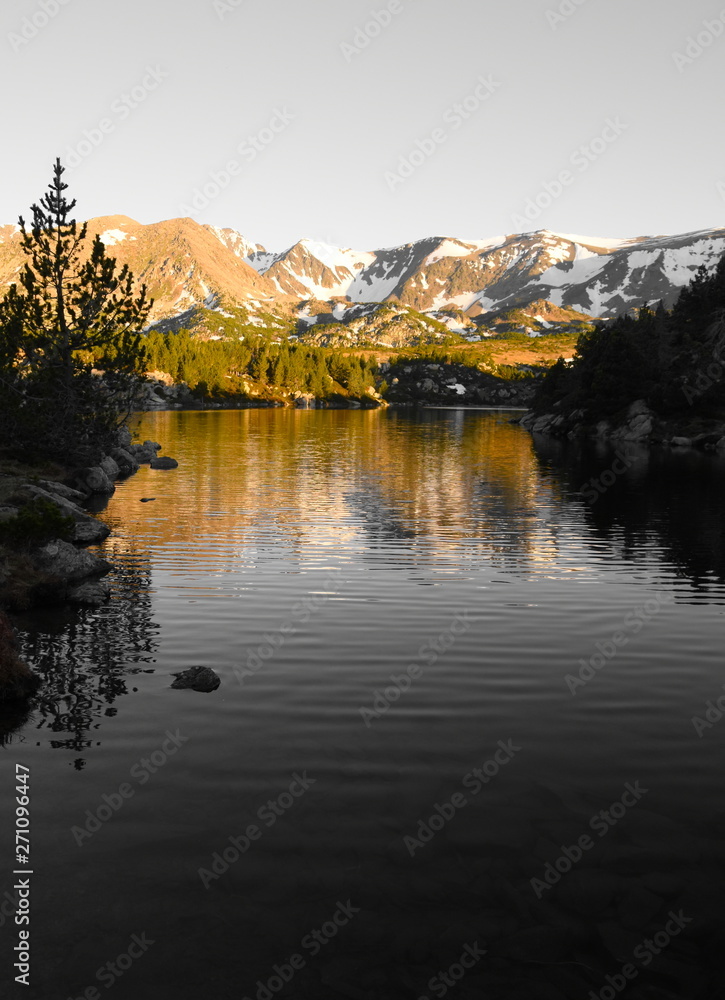 Sunset on a lake in mountain