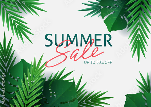 Hello summer, summertime. The text poster against the background of tropical plants. Palm leaves, jungle leaf and handwriting lettering. The poster for sale and an advertizing sign.  Vector
