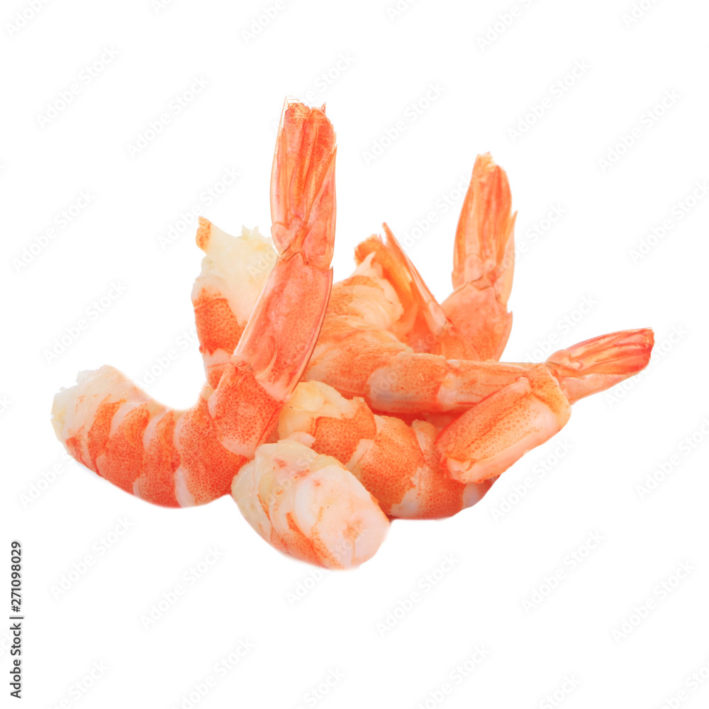 shelled boiled shrimps isolated on white background