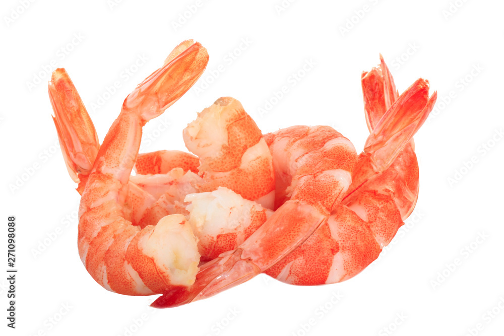 shelled boiled shrimps isolated on white background