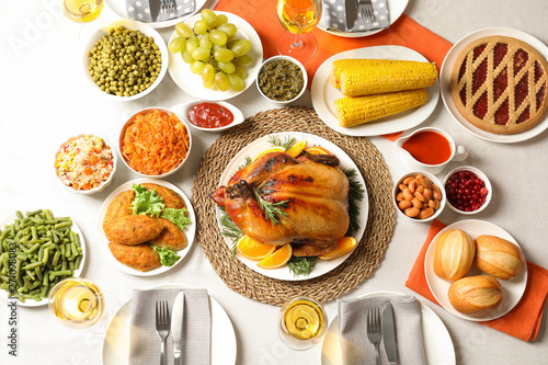 Wallpaper Mural Delicious festive dinner with roasted turkey on table, flat lay Torontodigital.ca