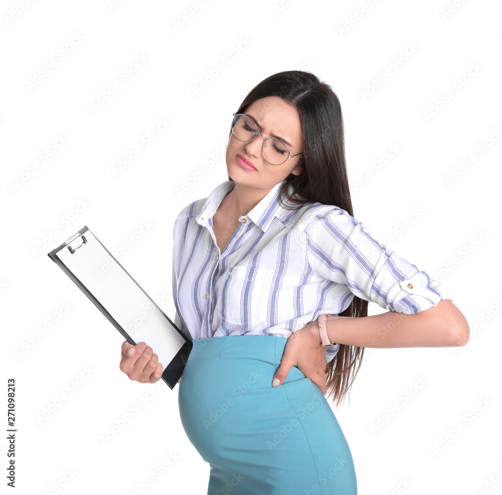 Young pregnant woman suffering from pain on white background. Working while expecting baby Young pregnant woman suffering from pain on white background. Working while expecting baby