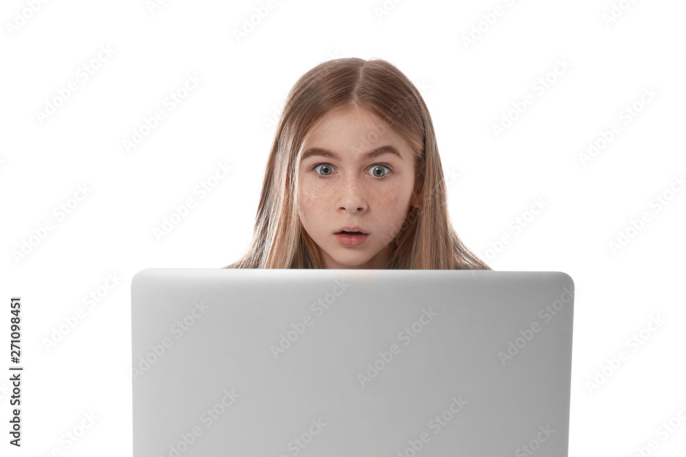 Shocked teenage girl with laptop on white background. Danger of internet Shocked teenage girl with laptop on white background. Danger of internet