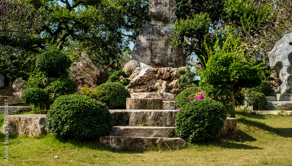 Luxury landscape design of the tropical garden. Beautiful view of tropical landscape