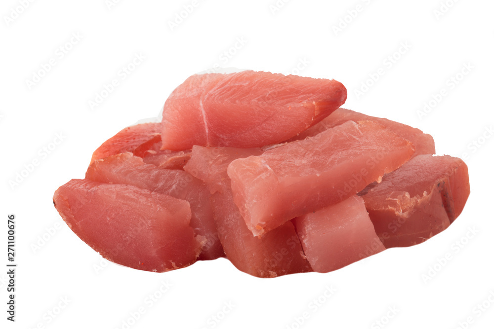 heap of dried slices of chicken carpaccio isolated on white heap of dried slices of chicken carpaccio isolated on white