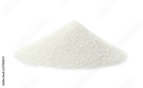 Pile of protein powder on white background