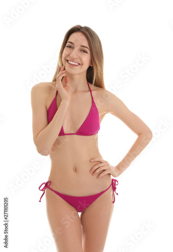 Young slim woman in bikini on white background. Perfect body © New Africa
