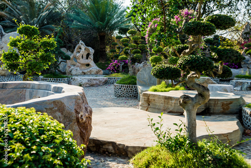 Luxury landscape design of the tropical garden. Beautiful view of tropical landscape