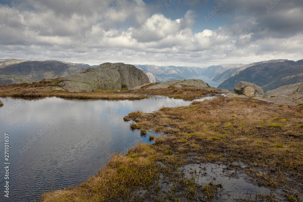 Beautiful landscape of nature in Norway, Reflection of a lake in the sky at the top of the mountains above  lysefjord
