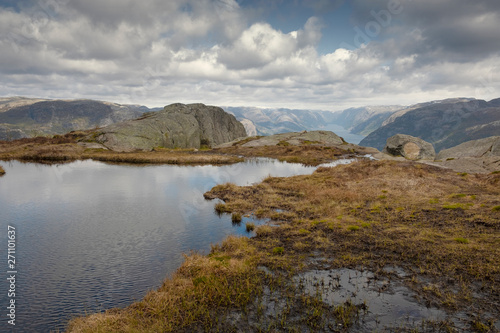 Beautiful landscape of nature in Norway, Reflection of a lake in the sky at the top of the mountains above lysefjord