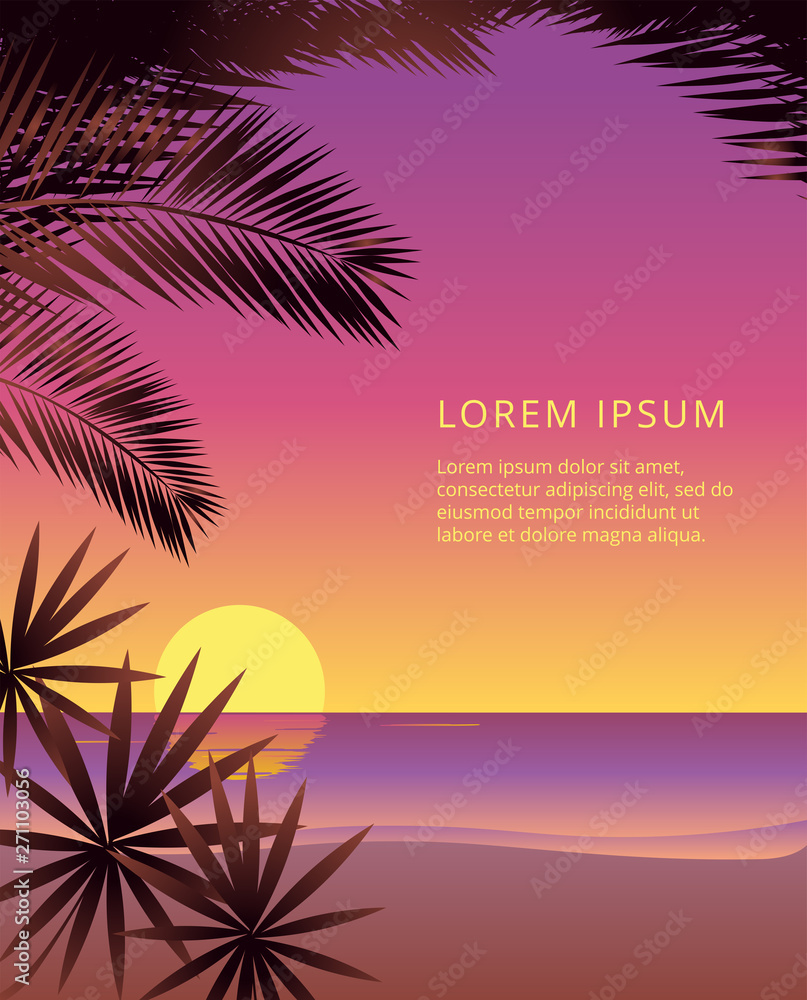tropical style poster template with ocean sunset and palm trees