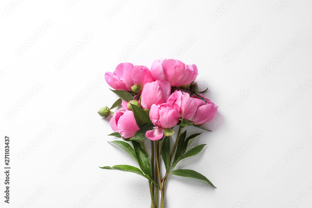 Fragrant peonies on white background, top view. Beautiful spring flowers