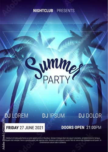 Summer disco poster in trendy neon colors. Vector background.