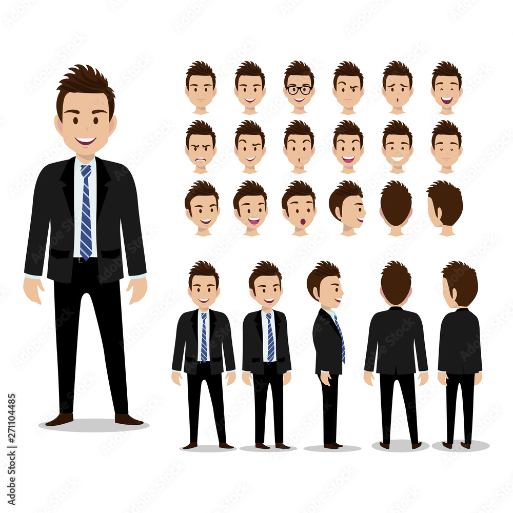 Cartoon character with business man in suit for animation. Man head set, front, side, back, 3-4 view character. Separate parts of body. Flat vector illustration. Stock Vector | Adobe Stock Cartoon character with business man in suit for animation. Man head set, front, side, back, 3-4 view character. Separate parts of body. Flat vector illustration. Stock Vector | Adobe Stock