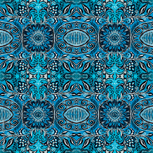 floral ornaments folk style black and white drawings on a blue background