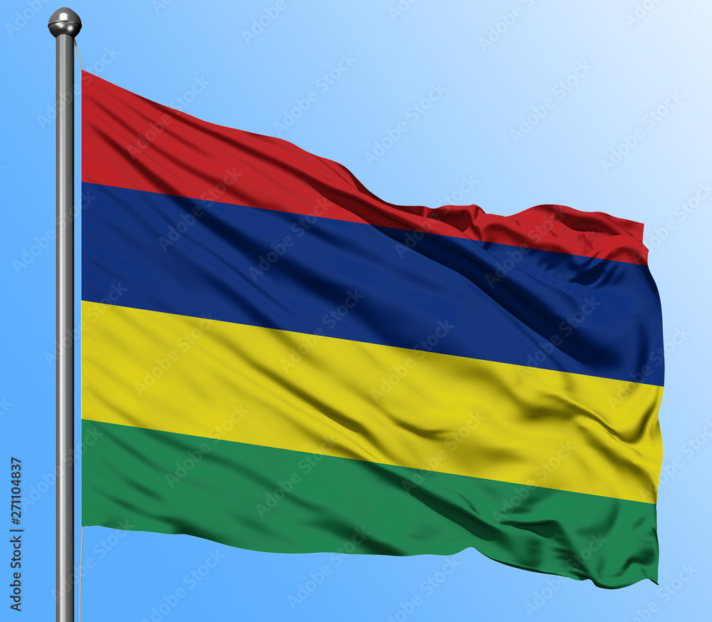 Naklejka premium Mauritius flag waving in the deep blue sky background. Isolated national flag. Macro view shot.