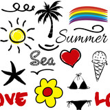 Seamless summer pattern with summer symbols (palm tree, rainbow, waves, sun, flower, ice cream, starfish, bikini ) and red heart decoration with text design on white background