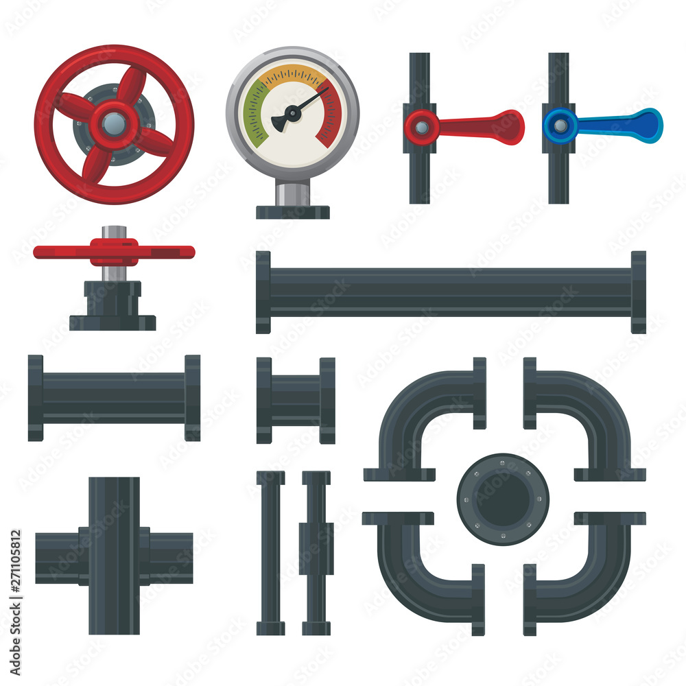 Plumbing system elements. Piping connection with preassure gauge and valves. Fuel and water industry.