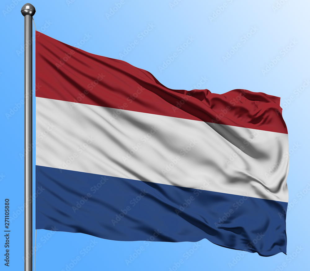 Netherlands flag waving in the deep blue sky background. Isolated national flag. Macro view shot. Netherlands flag waving in the deep blue sky background. Isolated national flag. Macro view shot.