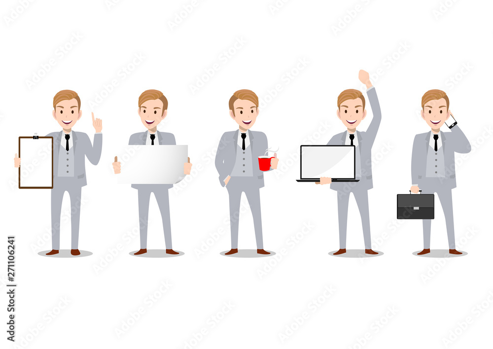 Businessman cartoon character, set of four poses. Handsome business man in office style smart suit . Vector illustration Businessman cartoon character, set of four poses. Handsome business man in office style smart suit . Vector illustration