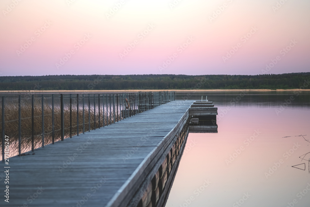 custom made wallpaper toronto digitalThe concept of leisure, a wooden pier on the background of the lake and sunset sky