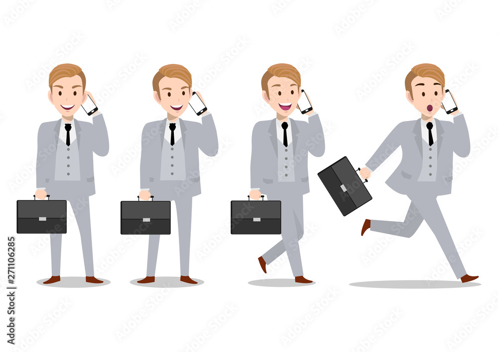 Businessman cartoon character, comunication by mobile phone with exciting emotion and set of four poses. Handsome business man in office style smart suit . Vector illustration Businessman cartoon character, comunication by mobile phone with exciting emotion and set of four poses. Handsome business man in office style smart suit . Vector illustration