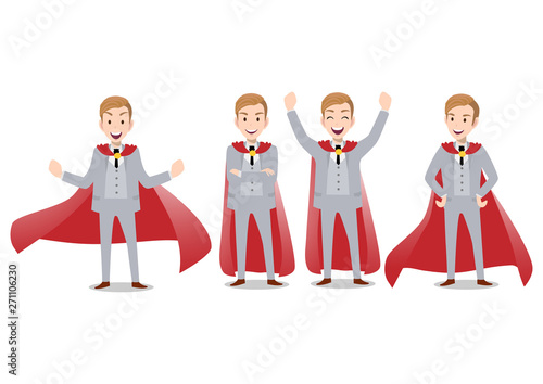 Businessman cartoon character in a superhero costume, Business winner concept with of hero in various poses.Super manager set. Vector illustration