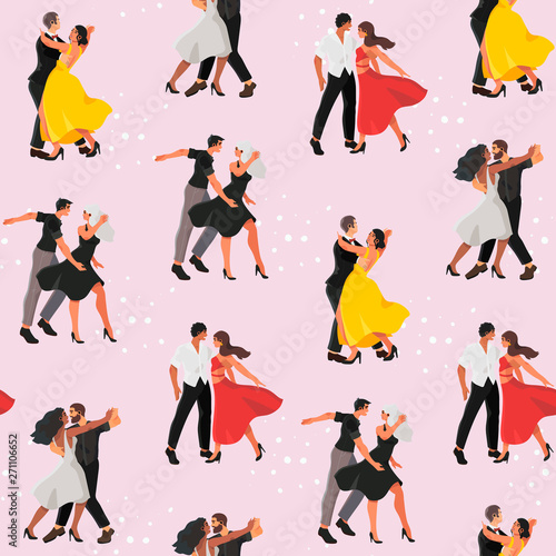 Seamless pattern with a dancing studio rehearsal that can be used for wrapping, fabric and other decor. Vector illustration of a young men and women attending dancing classes in a dance studio. 