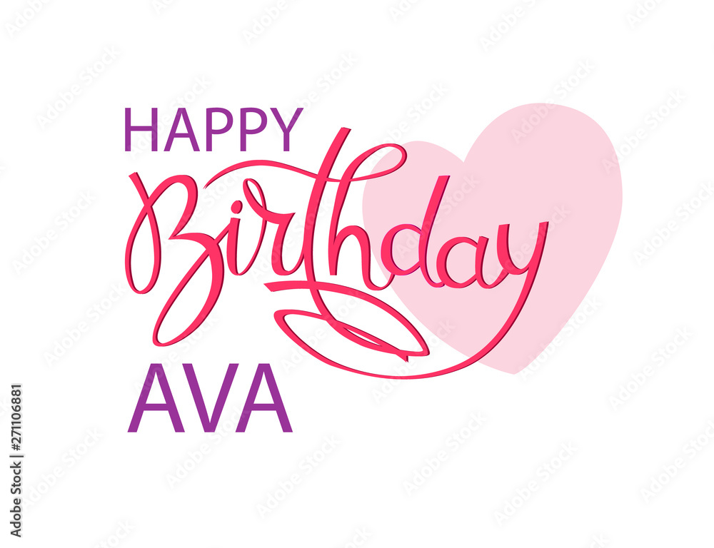 Birthday greeting card with the name Ava. Elegant hand lettering and a big pink heart. Isolated design element