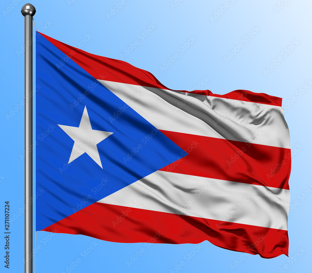 Naklejka premium Puerto Rico flag waving in the deep blue sky background. Isolated national flag. Macro view shot.