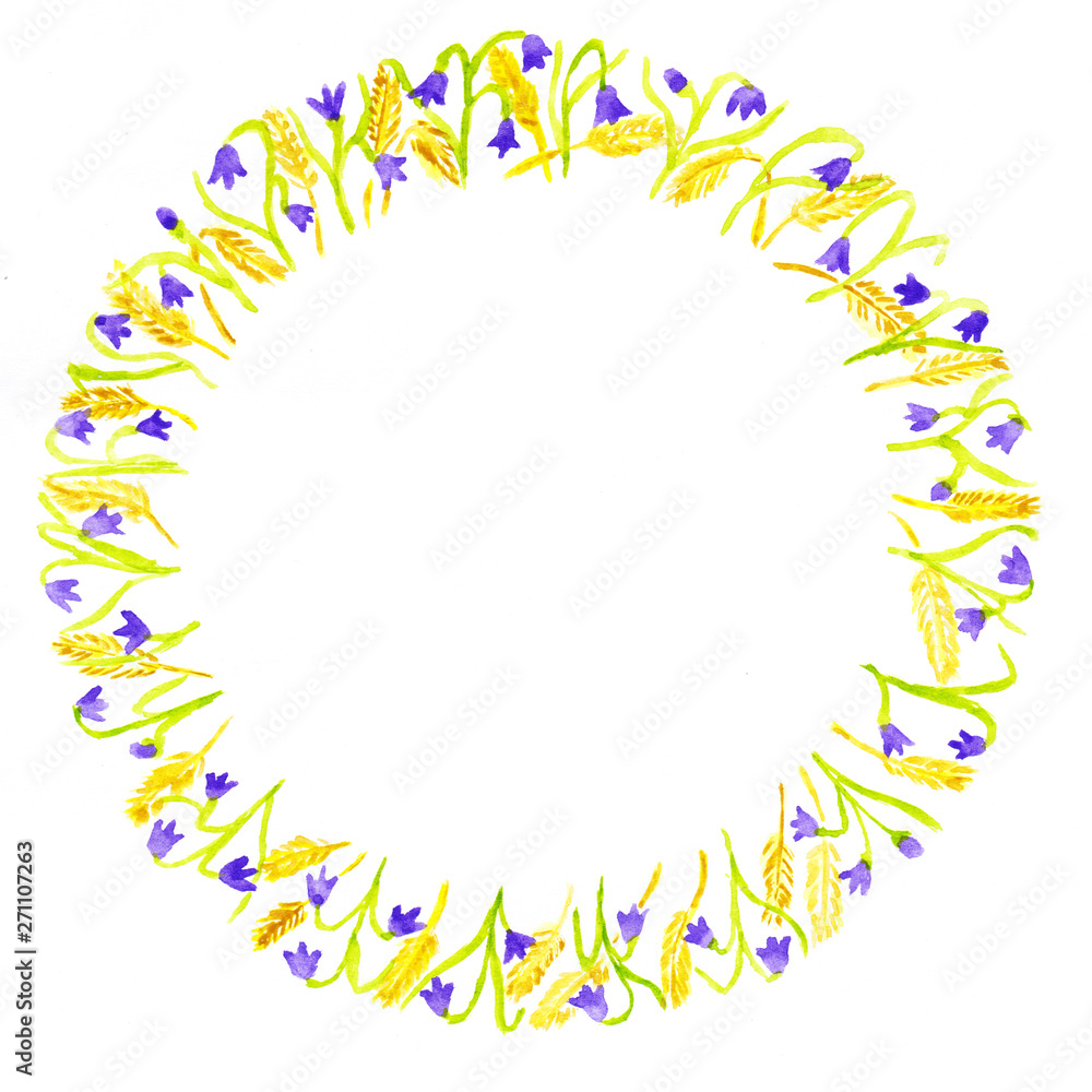  Hand drawn watercolor floral frame isolated on a white background. Bluebells and wheat ears arranged in a circle. Perfect for refined packing, labels, greeting cards, invitations.  