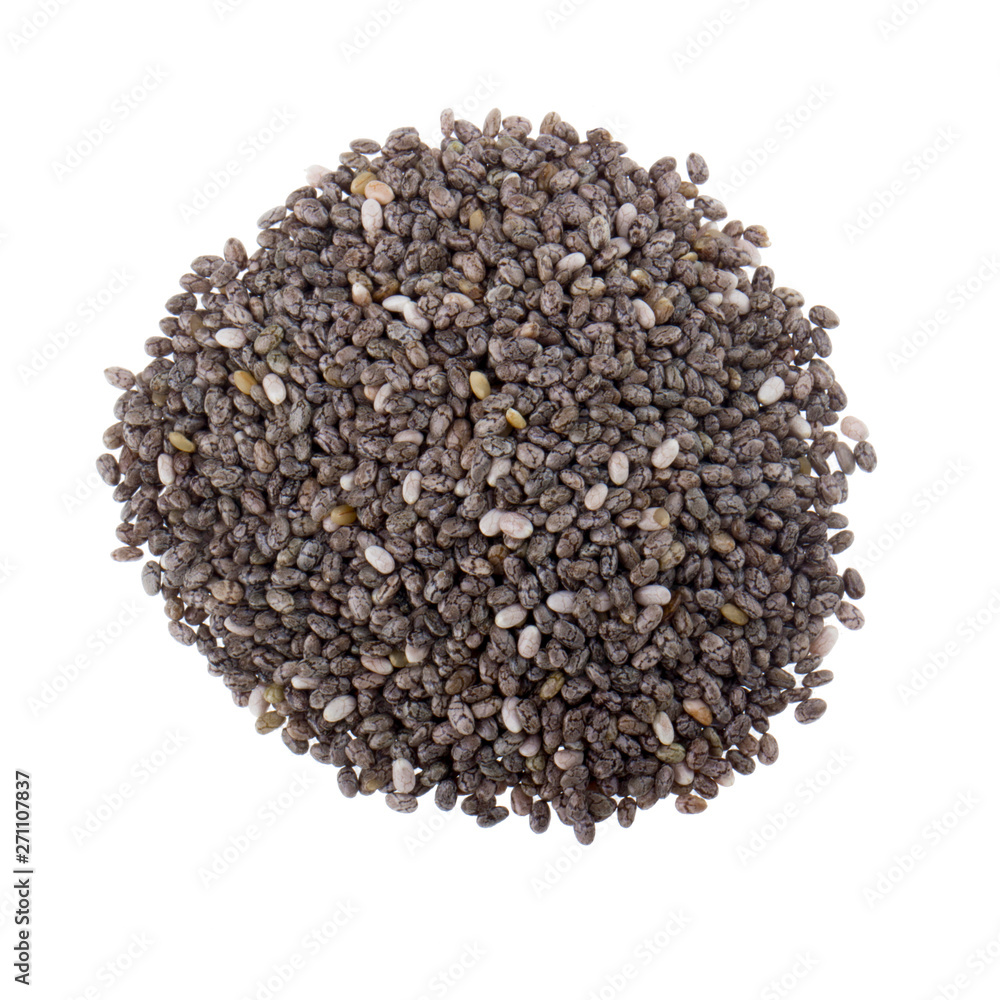 heap of chia seeds isolated on white background. top view heap of chia seeds isolated on white background. top view