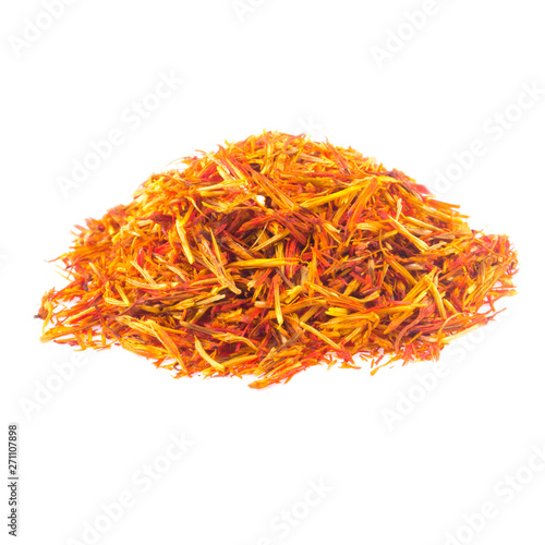 heap of dried Tagetes (saffron) isoalted on white