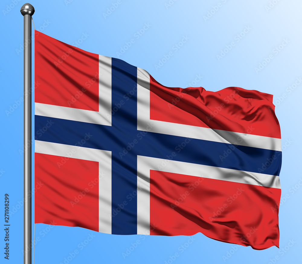 Fototapeta premium Bouvet Islands flag waving in the deep blue sky background. Isolated national flag. Macro view shot.