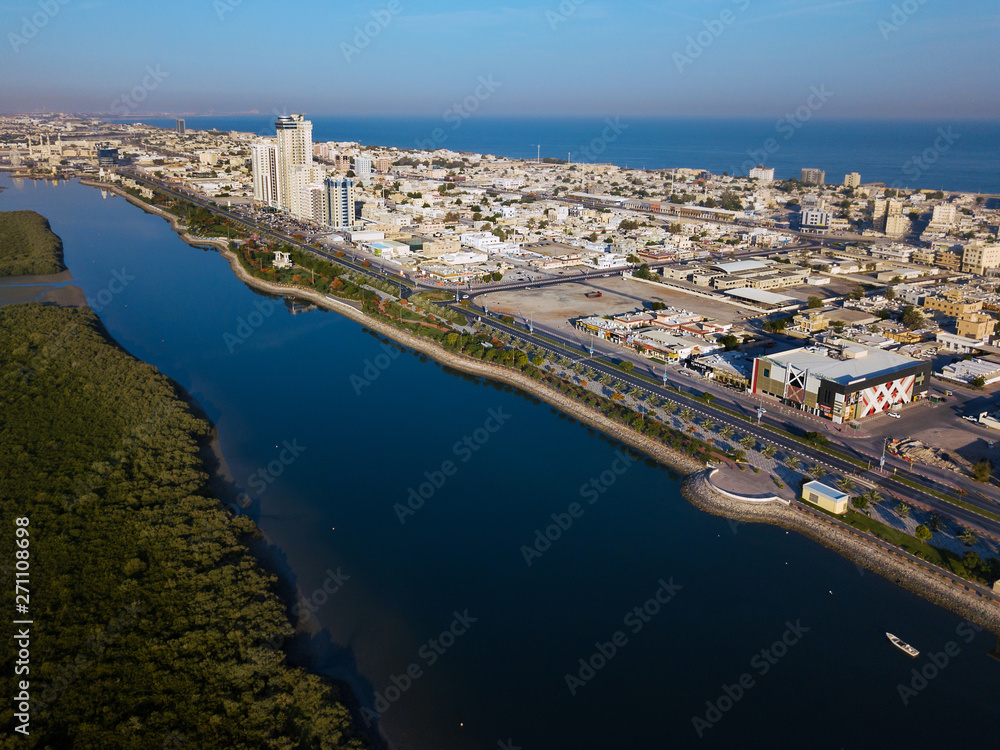Ras al Khaimah corniche with mangroves aerial view
