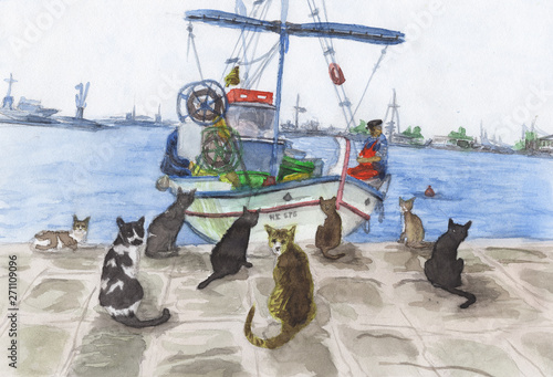 Watercolor painting - Fishermans and cats on the Cyprus Greece