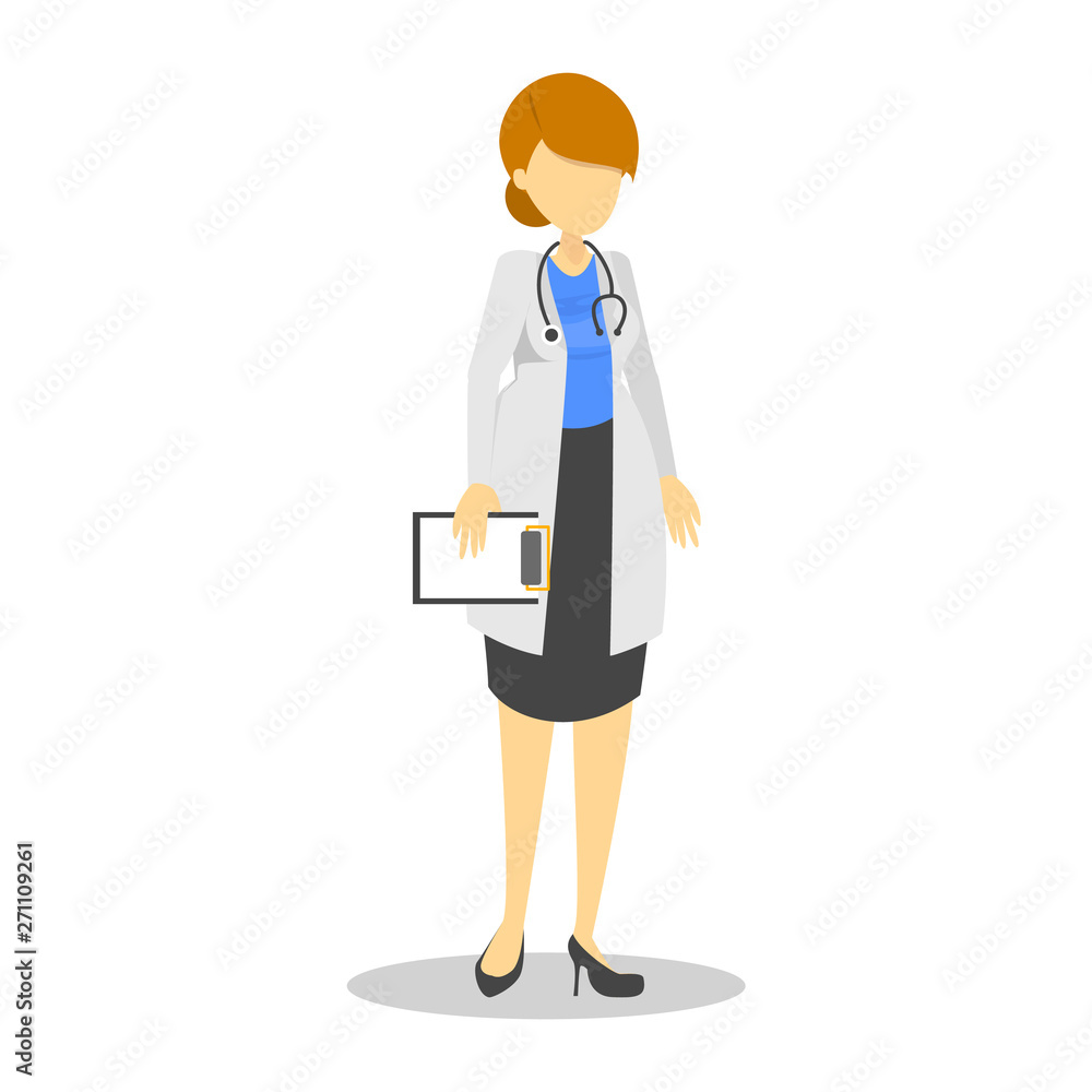 Female doctor in white coat standing. Medical character